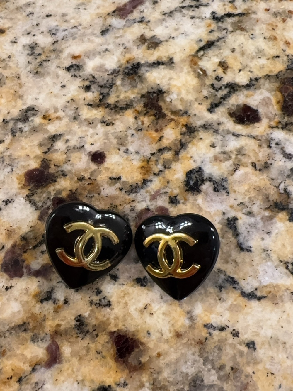 CHANEL Black Heart Earrings with Gold CC Emblem